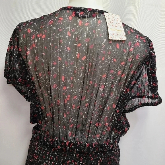 Free People Baby Love Smocked Floral Print Dress Black Red Silver Metallic Large - Picture 14 of 16